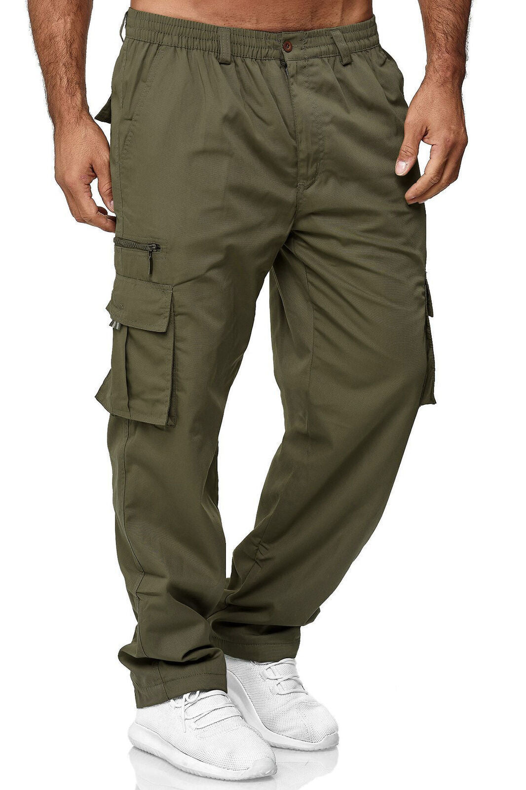 Summer Work Trousers for Men | Cargo Pants with Stretch Waist | Loose Fit Multi-Pocket Casual Trousers for Sports & Outdoor Wear