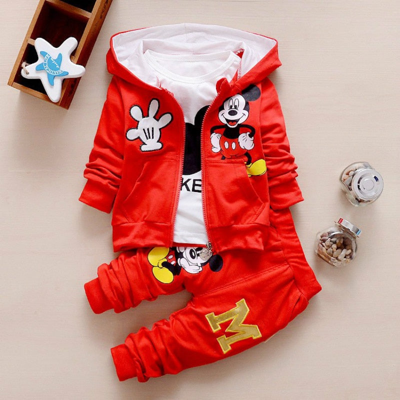 Spring and Autumn Boys Clothes Set Cute Mickey Cotton Hooded Coat + T-shirt + Pants 3PCS Set Casual Kids Sportswear