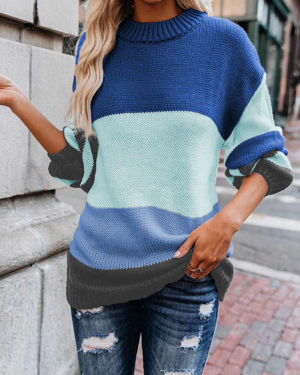Autumn And Winter Knitted Sweater Round Neck Striped Sweater Women