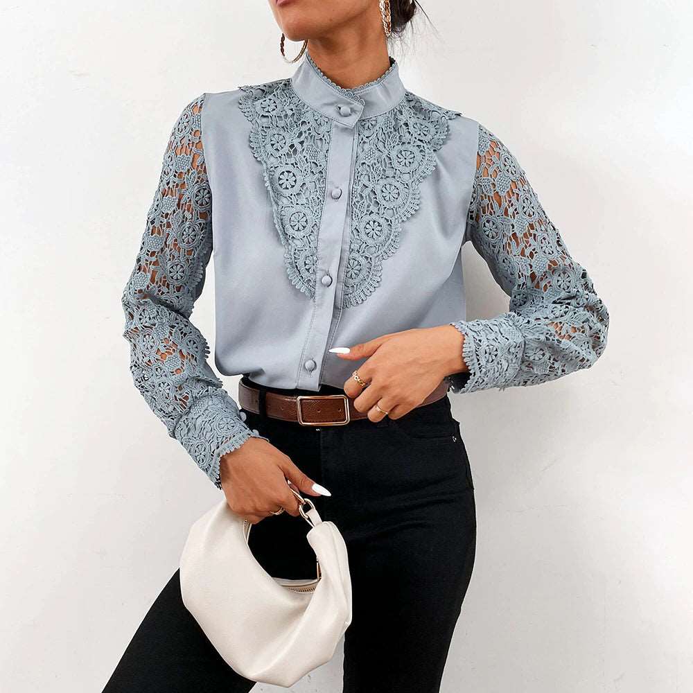 Lace Patchwork Hollow  Long Sleeve O-Neck Mesh Design Tops