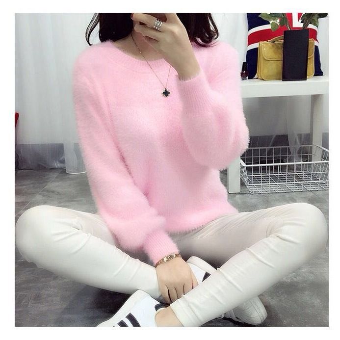 Autumn And Winter Fashion New Women's Sweater Korean Pullover Solid Color Horse Hairy Loose Lady Thickened Bottom Sweater