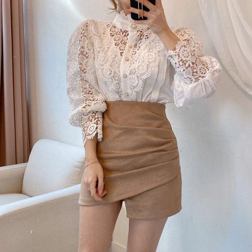 Lace Patchwork Hollow  Long Sleeve O-Neck Mesh Design Tops