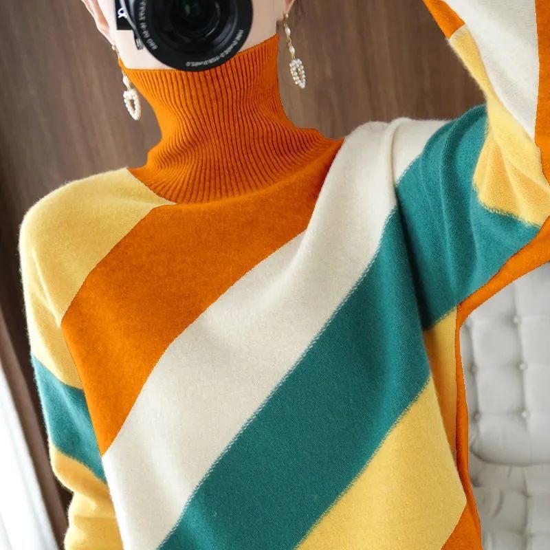 Stylish Turtleneck Knitted Striped Sweater Casual Pullovers Warm Tops