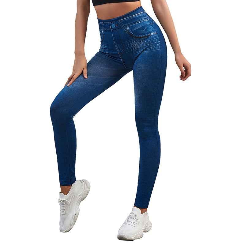Slimming Faux Denim Jeans Leggings with Printed Pencil Pants Seamless Skinny Trousers