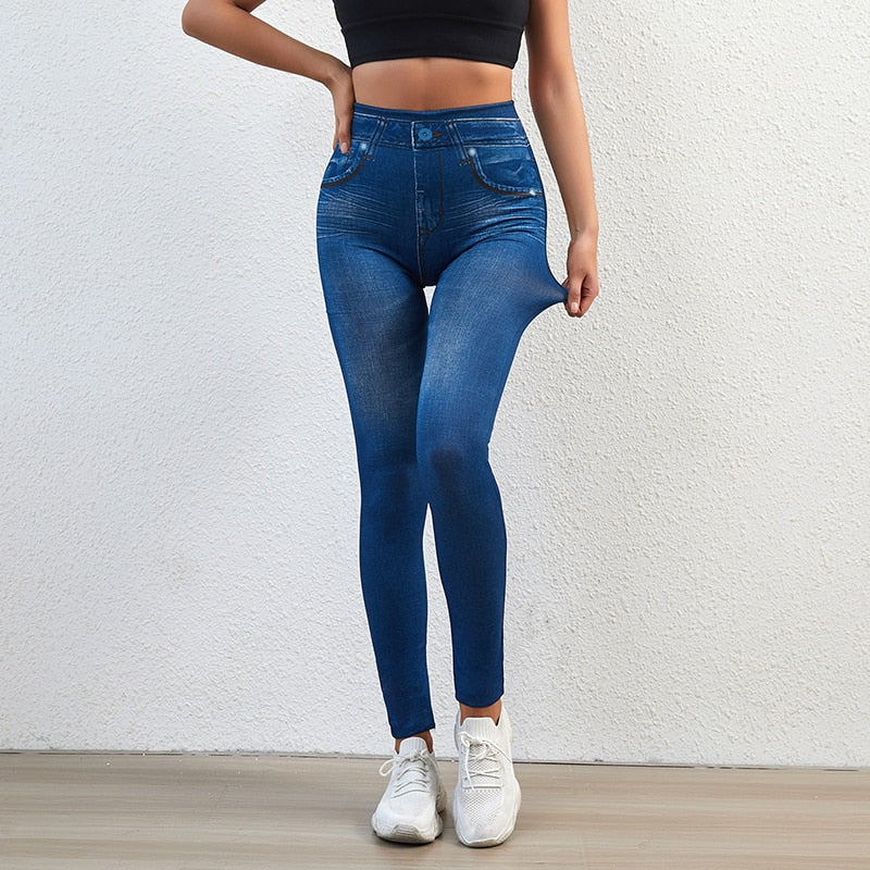 Slimming Faux Denim Jeans Leggings with Printed Pencil Pants Seamless Skinny Trousers