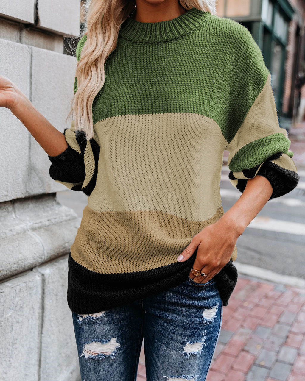 Autumn And Winter Knitted Sweater Round Neck Striped Sweater Women