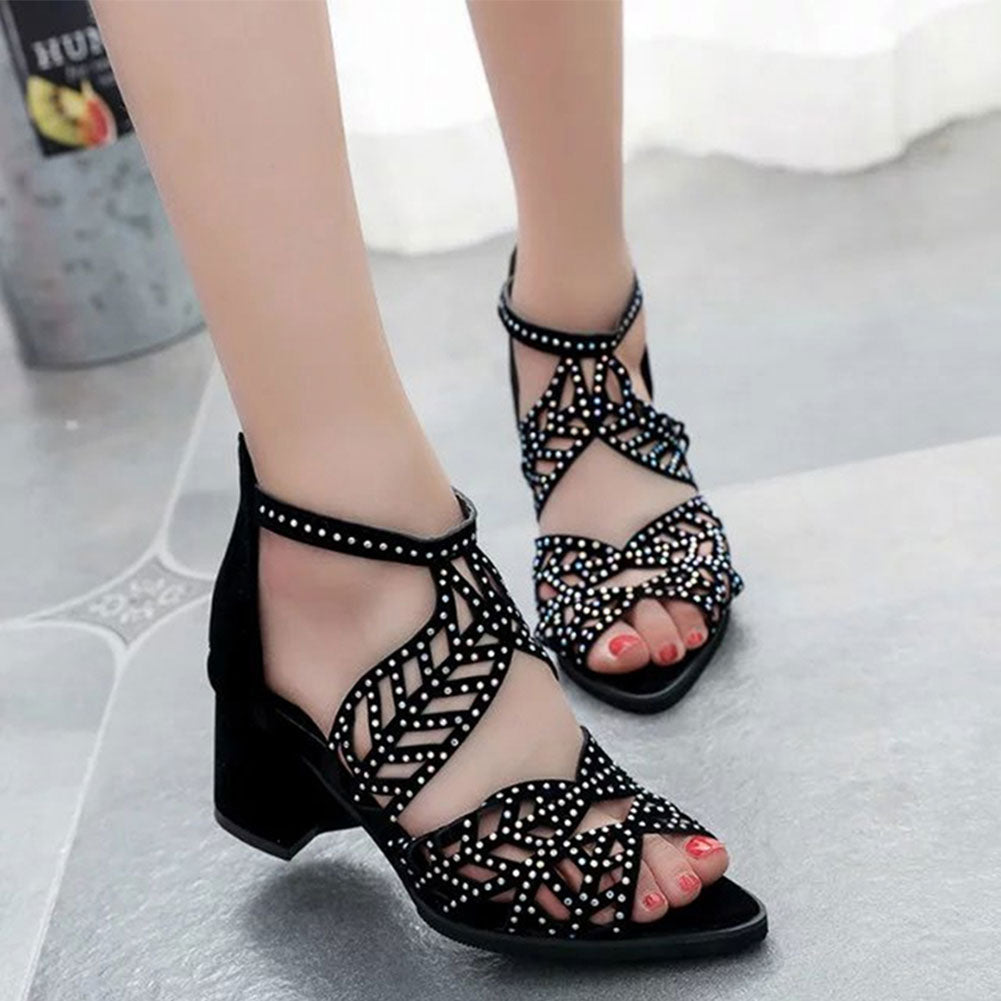 New Style Women Summer Hollow Out Faux Leather Rhinestones Thick Heel Zipper Sandals Shoes black