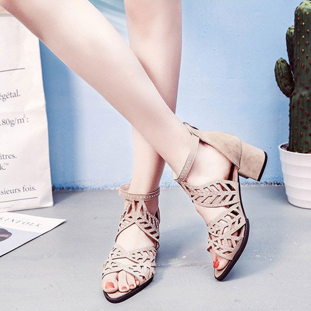 New Style Women Summer Hollow Out Faux Leather Rhinestones Thick Heel Zipper Sandals Shoes