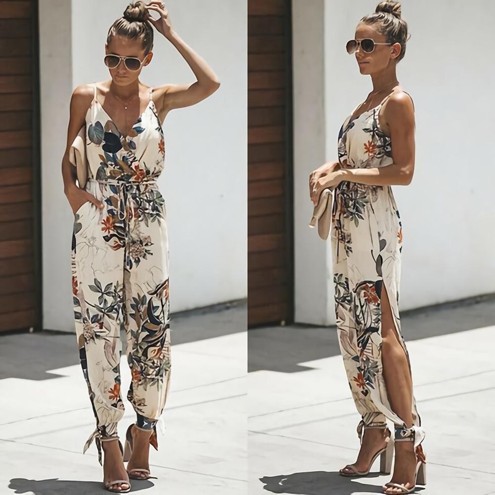 Women Summer Sexy Backless Casual Deep-V Floral Print Strappy Jumpsuits Romper