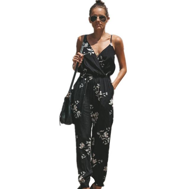 Women Summer Sexy Backless Casual Deep-V Floral Print Strappy Jumpsuits Romper floral black