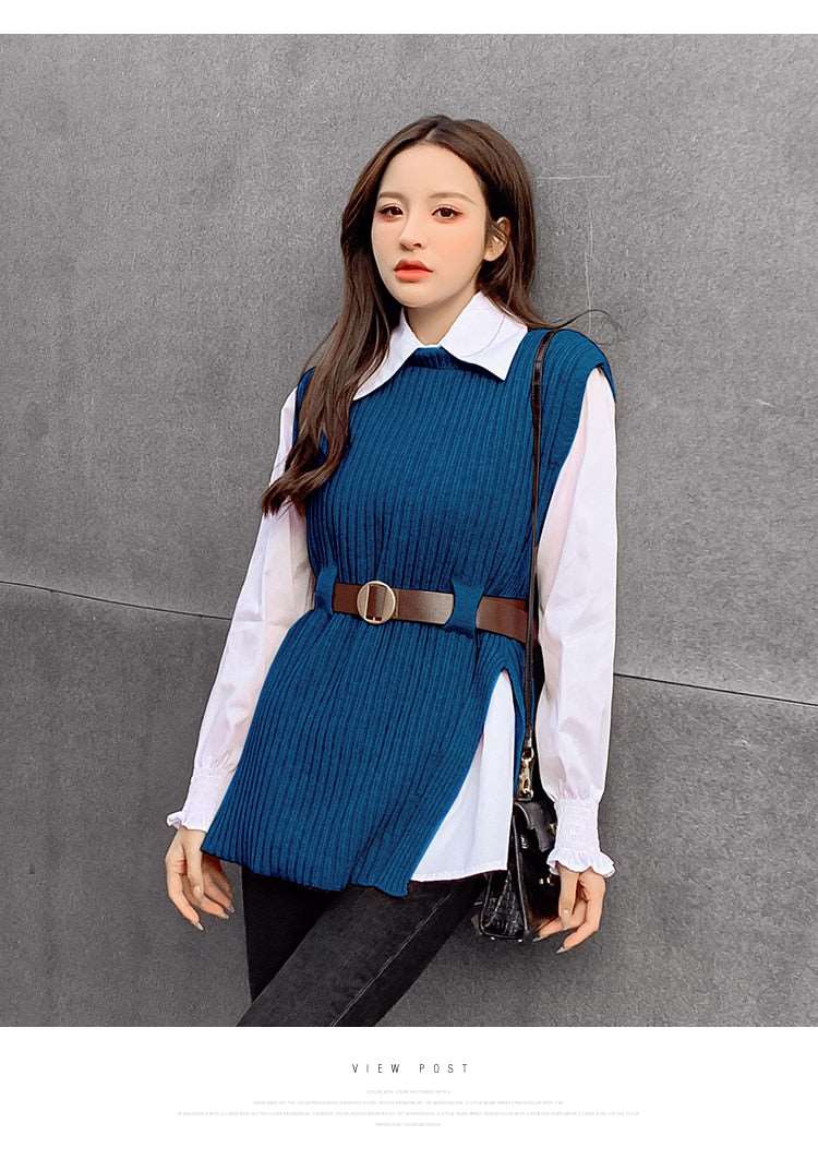 Long lantern sleeve shirt women knitted vest 2 two piece set blue