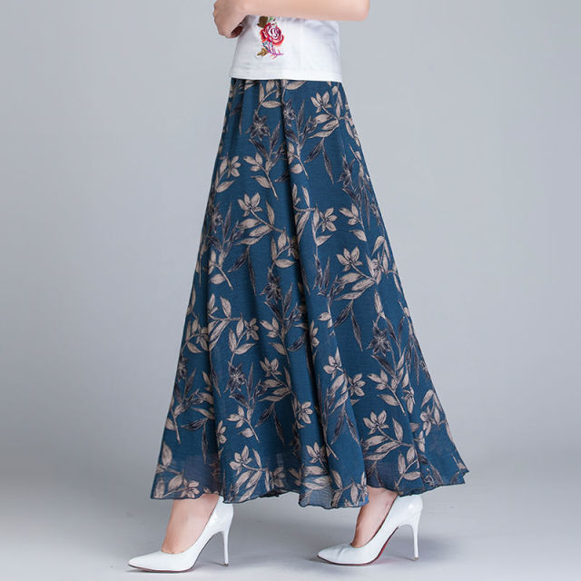 High Waist Skirts | Womens Summer Autumn Elastic Waist Midi | Full Long Skirt | Print A-Line Mother|  Dance Skirts Swing | Chiffon Skirt blue