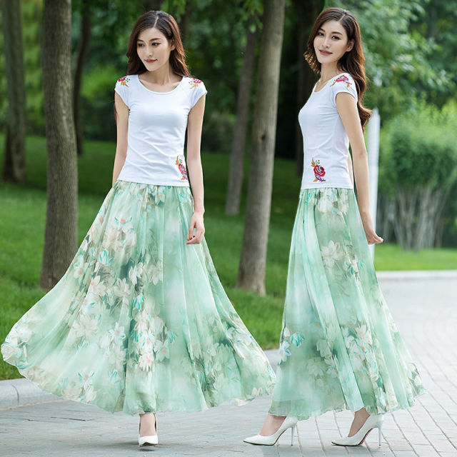 High Waist Skirts | Womens Summer Autumn Elastic Waist Midi | Full Long Skirt | Print A-Line Mother|  Dance Skirts Swing | Chiffon Skirt girls