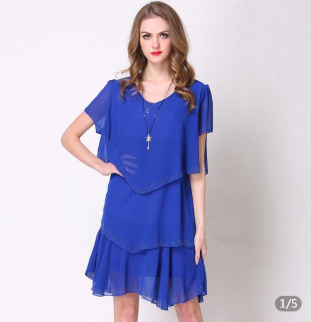 Summer Dress Women's O Neck 3 Layers Ruffle Slim Chiffon Dress blue