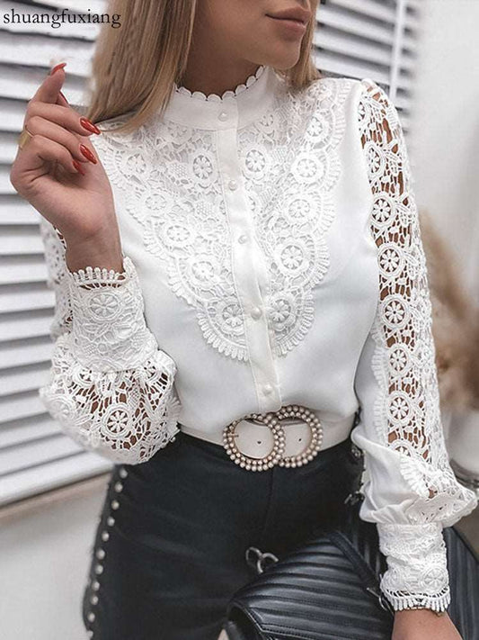 Products Lace Patchwork Hollow Long Sleeve O-Neck Mesh Design Tops