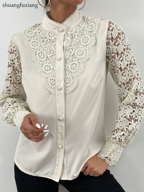 Products Lace Patchwork Hollow Long Sleeve O-Neck Mesh Design Tops